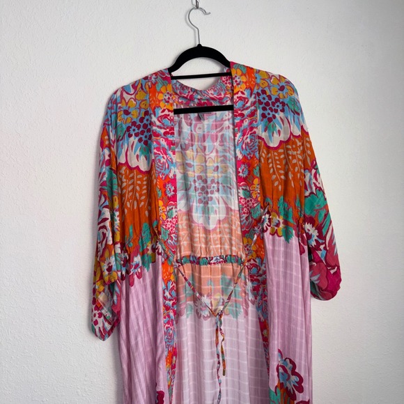 Anthropologie Conditions apply boho Floral Kimono Duster Maxi Open Front Pink - Picture 6 of 12